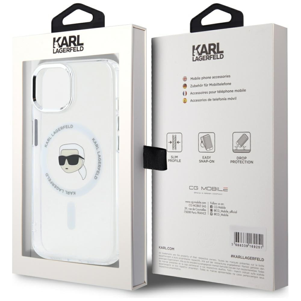 Funda MagSafe para Apple iPhone 15 Plus, Karl Lagerfeld, IML Metal Karl's Head, Blanca