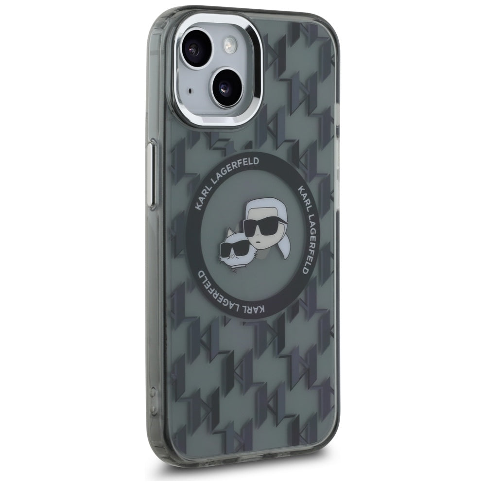 Funda MagSafe para Apple iPhone 15 Plus, Karl Lagerfeld, IML Monogram Karl & Choupette's Heads, Negra.