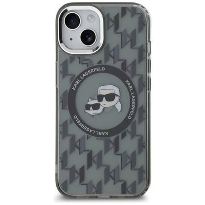 Funda MagSafe para Apple iPhone 15 Plus, Karl Lagerfeld, IML Monogram Karl & Choupette's Heads, Negra.