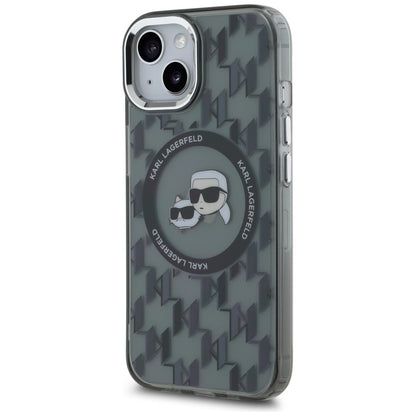 Funda MagSafe para Apple iPhone 15 Plus, Karl Lagerfeld, IML Monogram Karl & Choupette's Heads, Negra.