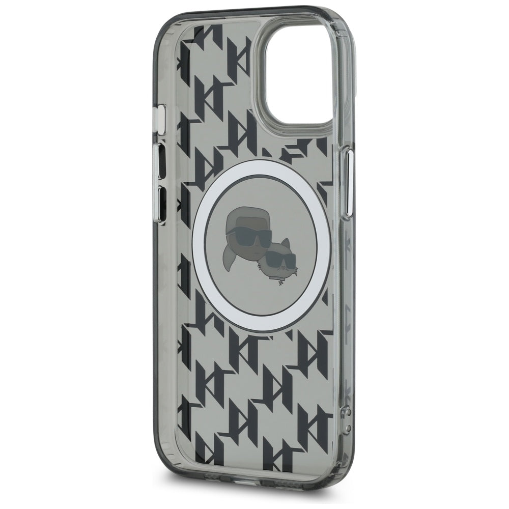 Funda MagSafe para Apple iPhone 15 Plus, Karl Lagerfeld, IML Monogram Karl & Choupette's Heads, Negra.