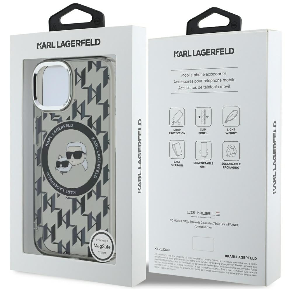 Funda MagSafe para Apple iPhone 15 Plus, Karl Lagerfeld, IML Monogram Karl & Choupette's Heads, Negra.