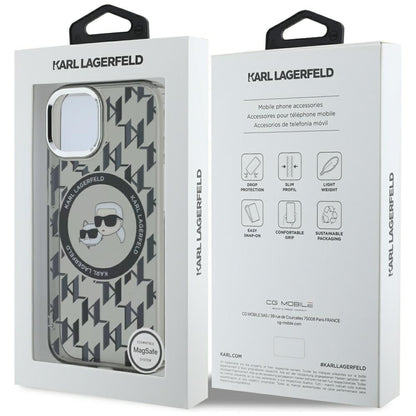 Funda MagSafe para Apple iPhone 15 Plus, Karl Lagerfeld, IML Monogram Karl & Choupette's Heads, Negra.