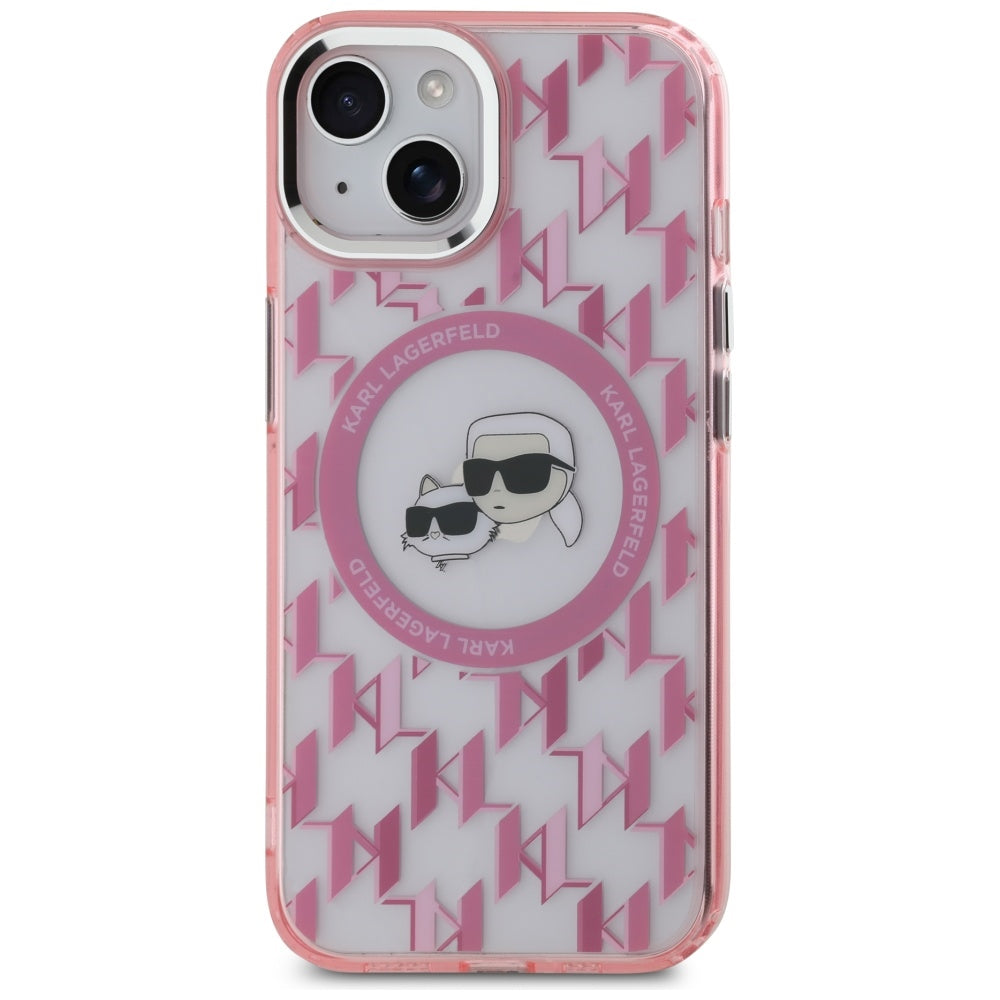 Funda MagSafe para Apple iPhone 15 Plus, Karl Lagerfeld, IML Monograma Karl & Choupette's Heads, Rosa