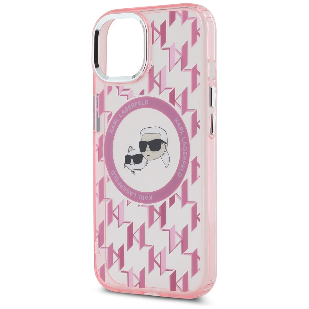 Funda MagSafe para Apple iPhone 15 Plus, Karl Lagerfeld, IML Monograma Karl & Choupette's Heads, Rosa