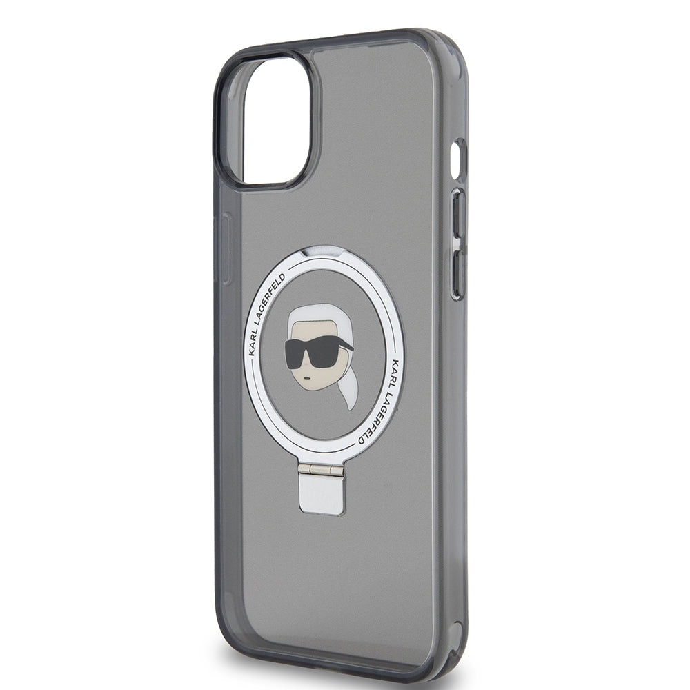 Funda MagSafe para Apple iPhone 15 Plus, Karl Lagerfeld, Ring Stand Karl's Head, Negra