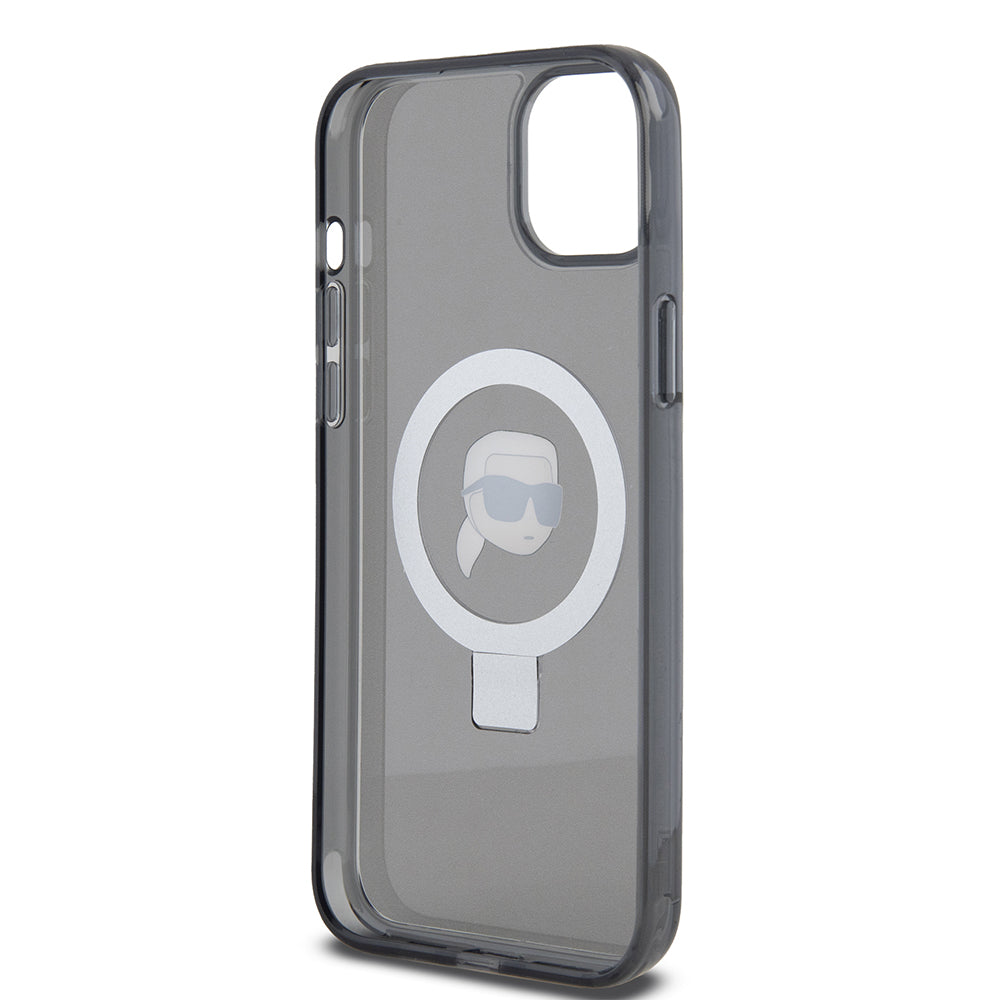 Funda MagSafe para Apple iPhone 15 Plus, Karl Lagerfeld, Ring Stand Karl's Head, Negra