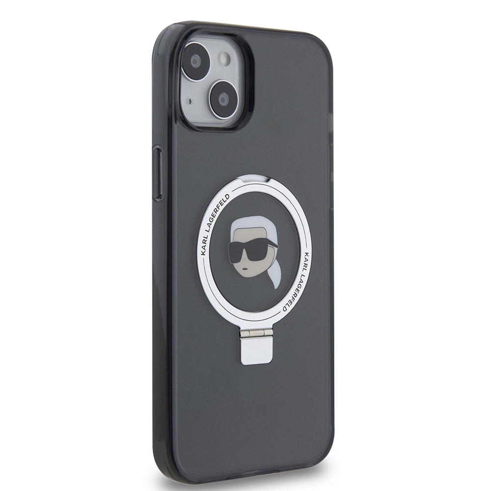 Funda MagSafe para Apple iPhone 15 Plus, Karl Lagerfeld, Ring Stand Karl's Head, Negra
