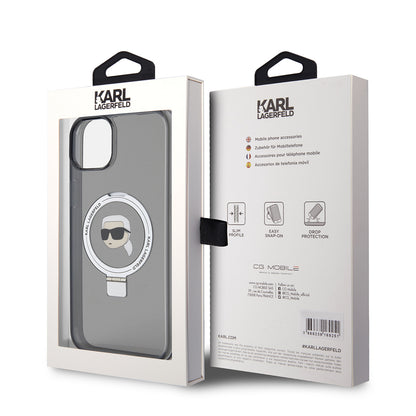 Funda MagSafe para Apple iPhone 15 Plus, Karl Lagerfeld, Ring Stand Karl's Head, Negra