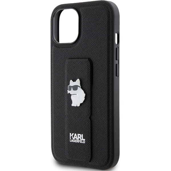 Funda MagSafe para Apple iPhone 15 Plus, Karl Lagerfeld, Saffiano Gripstand Choupette, Negra