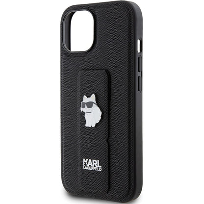 Funda MagSafe para Apple iPhone 15 Plus, Karl Lagerfeld, Saffiano Gripstand Choupette, Negra
