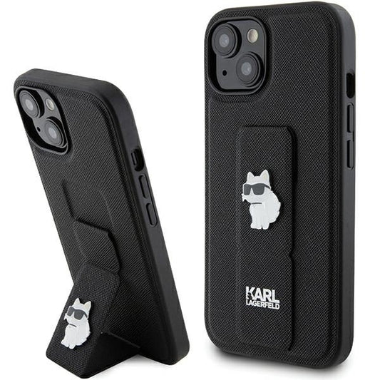 Funda MagSafe para Apple iPhone 15 Plus, Karl Lagerfeld, Saffiano Gripstand Choupette, Negra