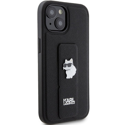 Funda MagSafe para Apple iPhone 15 Plus, Karl Lagerfeld, Saffiano Gripstand Choupette, Negra