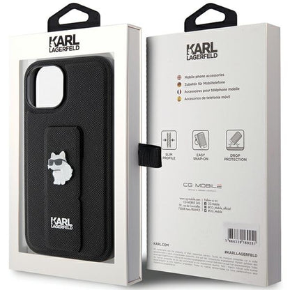 Funda MagSafe para Apple iPhone 15 Plus, Karl Lagerfeld, Saffiano Gripstand Choupette, Negra