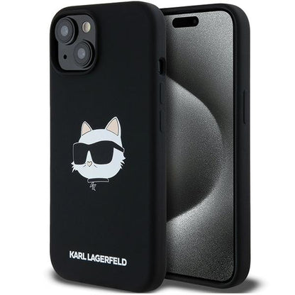 Funda MagSafe para Apple iPhone 15 Plus, Karl Lagerfeld, Silicona Cabeza de Choupette, Negra
