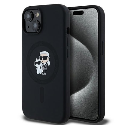 Funda MagSafe para Apple iPhone 15 Plus, Karl Lagerfeld, Silicona Karl & Choupette, Negra
