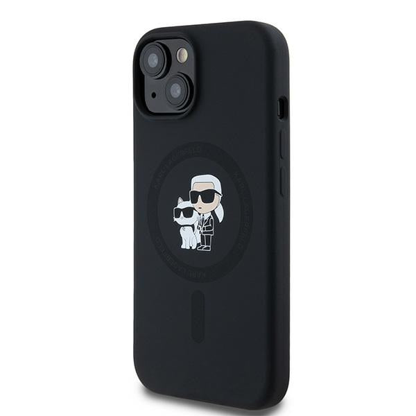 Funda MagSafe para Apple iPhone 15 Plus, Karl Lagerfeld, Silicona Karl & Choupette, Negra