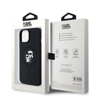 Funda MagSafe para Apple iPhone 15 Plus, Karl Lagerfeld, Silicona Karl & Choupette, Negra