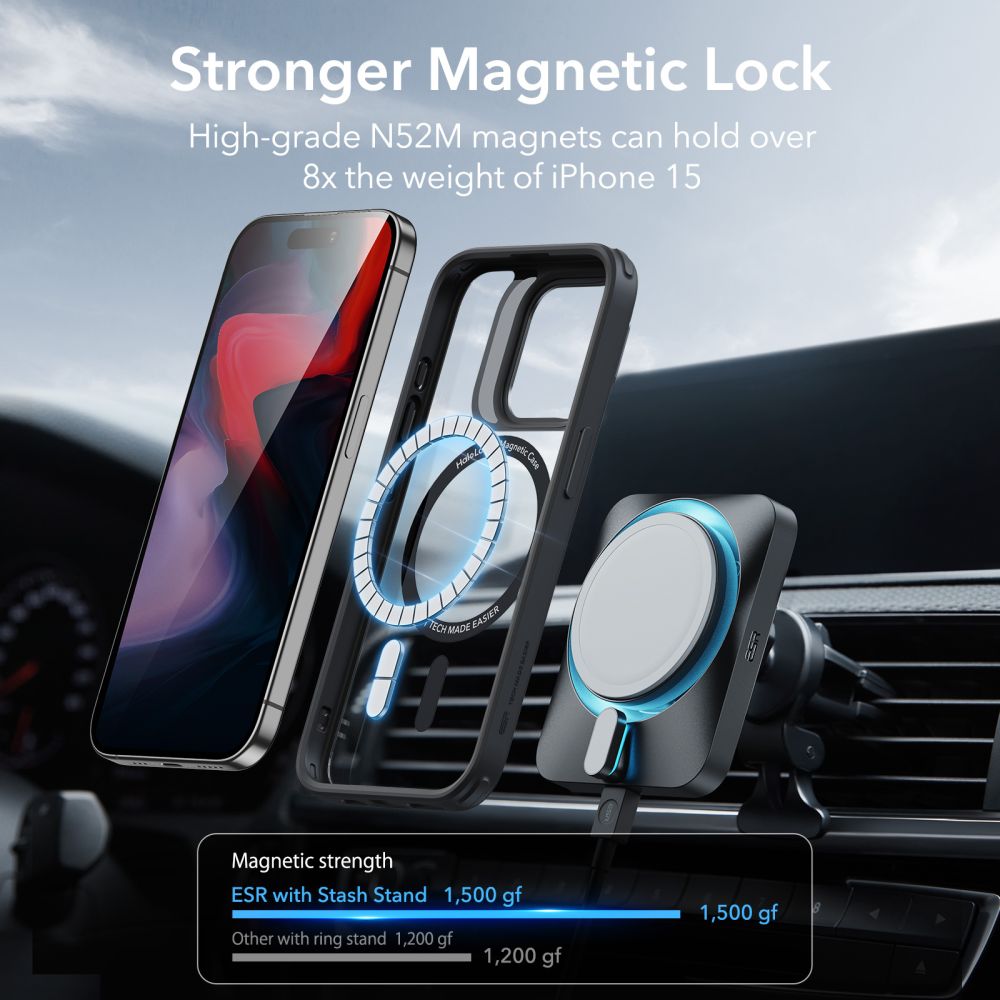 Funda MagSafe para Apple iPhone 15 Pro, ESR, Classic Hybrid Kickstand, Negra Transparente