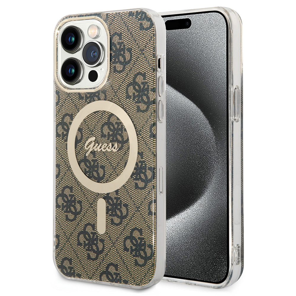 Funda MagSafe para Apple iPhone 15 Pro, Guess, 4G IML, Marrón GUHMP15LH4STW