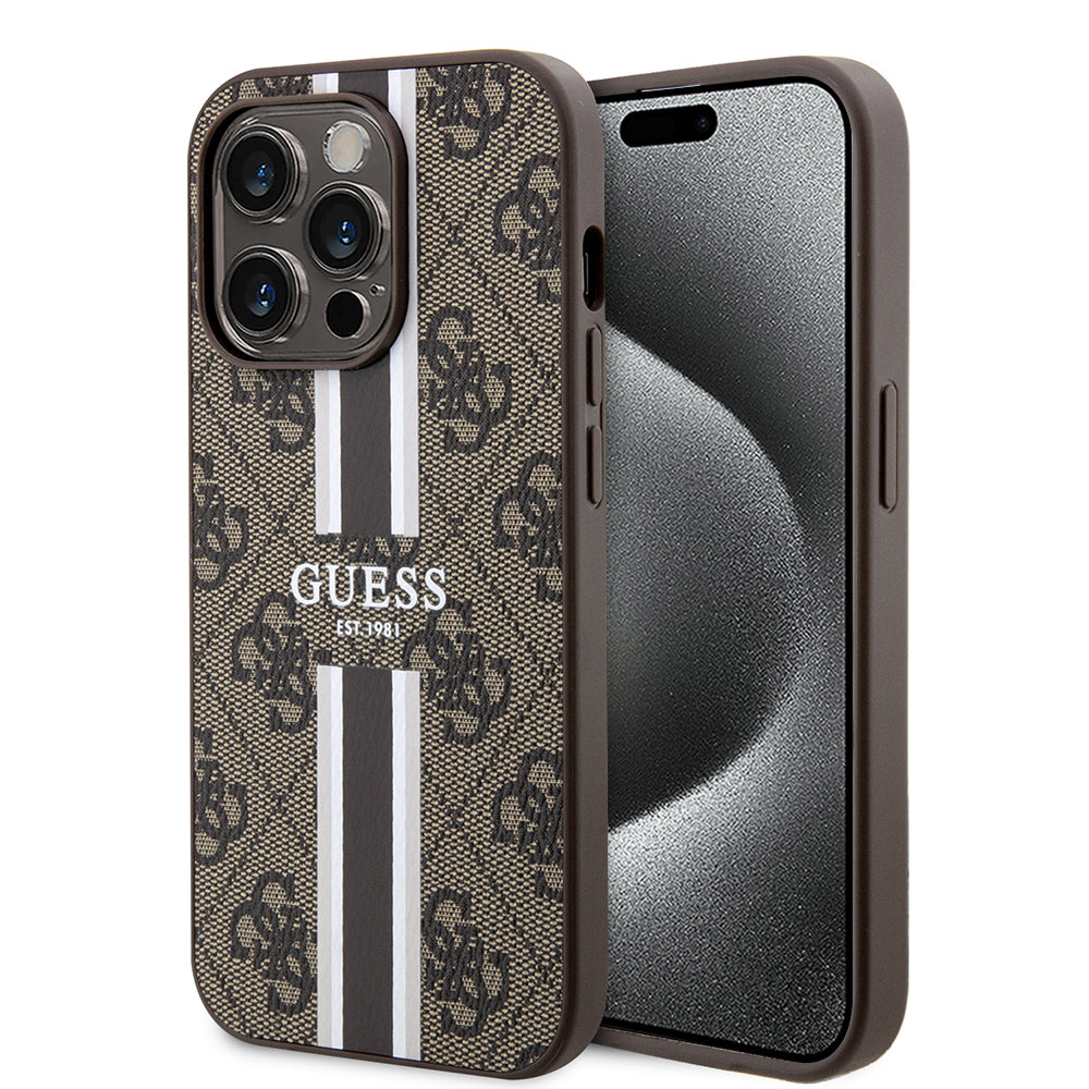 Funda MagSafe para Apple iPhone 15 Pro, Guess, 4G Printed Stripes, Marrón