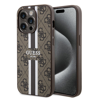 Funda MagSafe para Apple iPhone 15 Pro, Guess, 4G Printed Stripes, Marrón