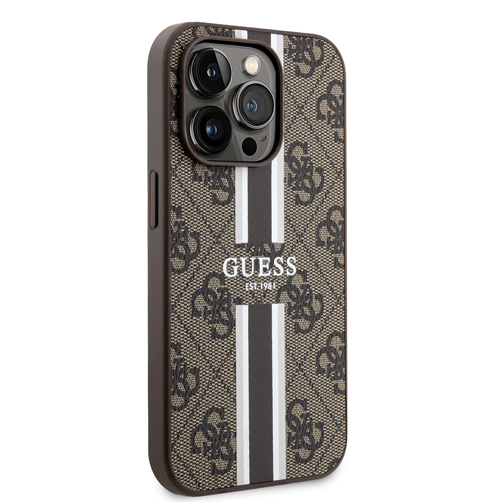 Funda MagSafe para Apple iPhone 15 Pro, Guess, 4G Printed Stripes, Marrón