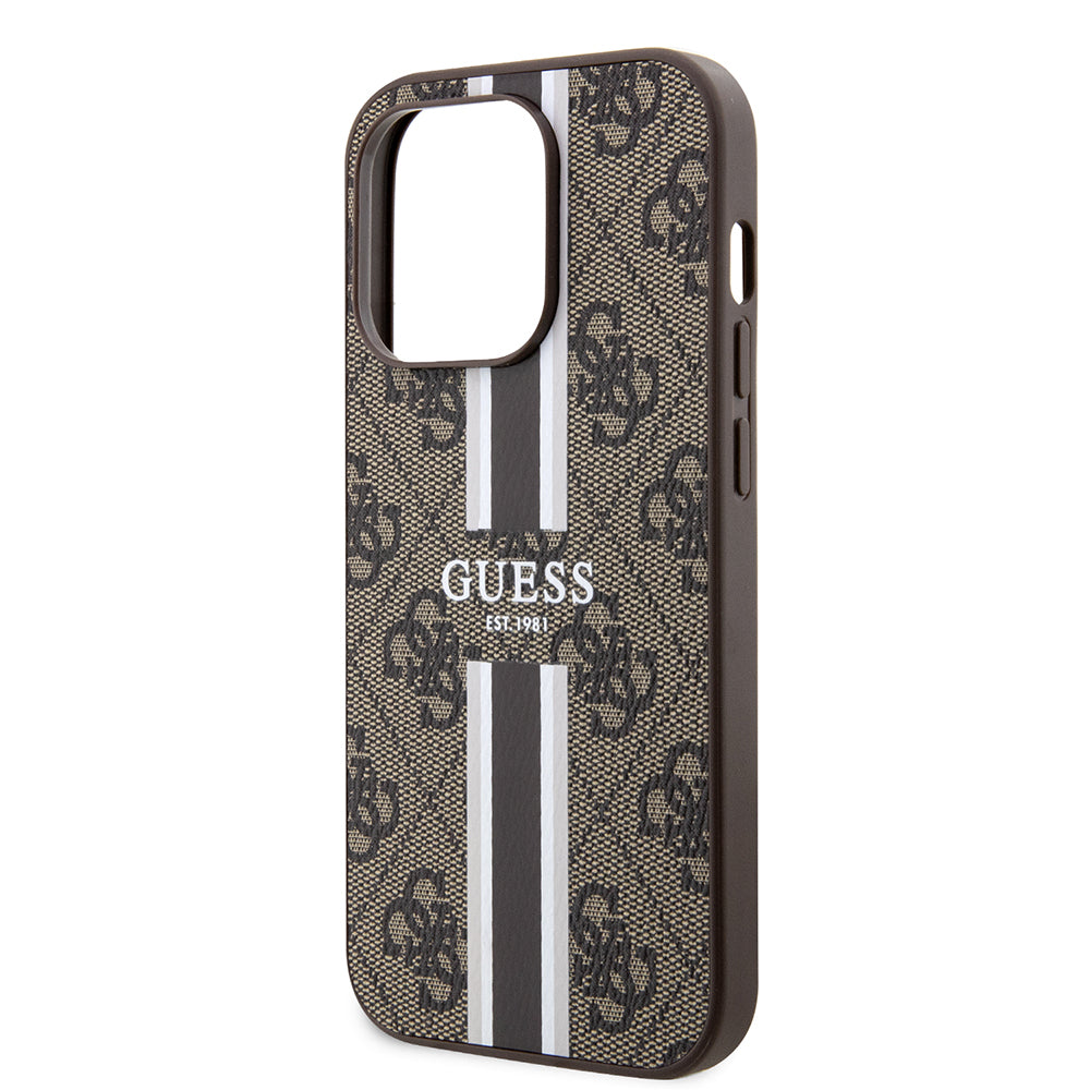 Funda MagSafe para Apple iPhone 15 Pro, Guess, 4G Printed Stripes, Marrón