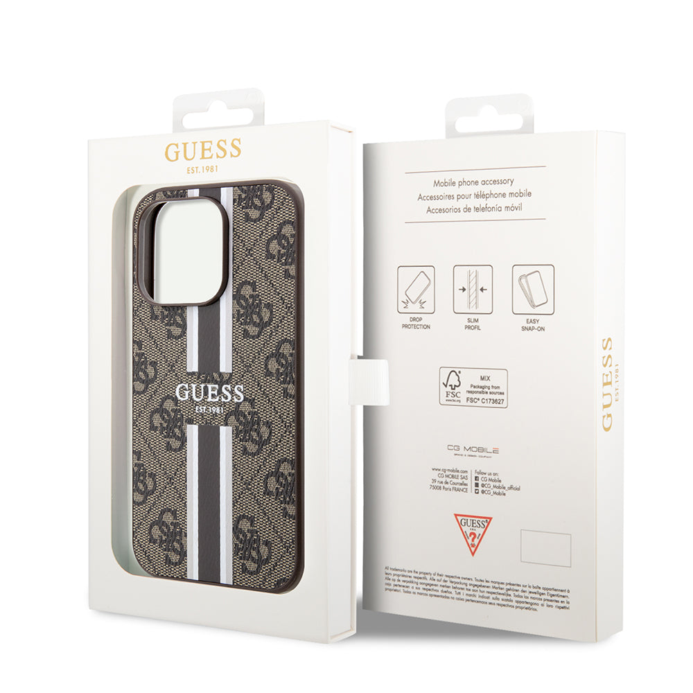 Funda MagSafe para Apple iPhone 15 Pro, Guess, 4G Printed Stripes, Marrón