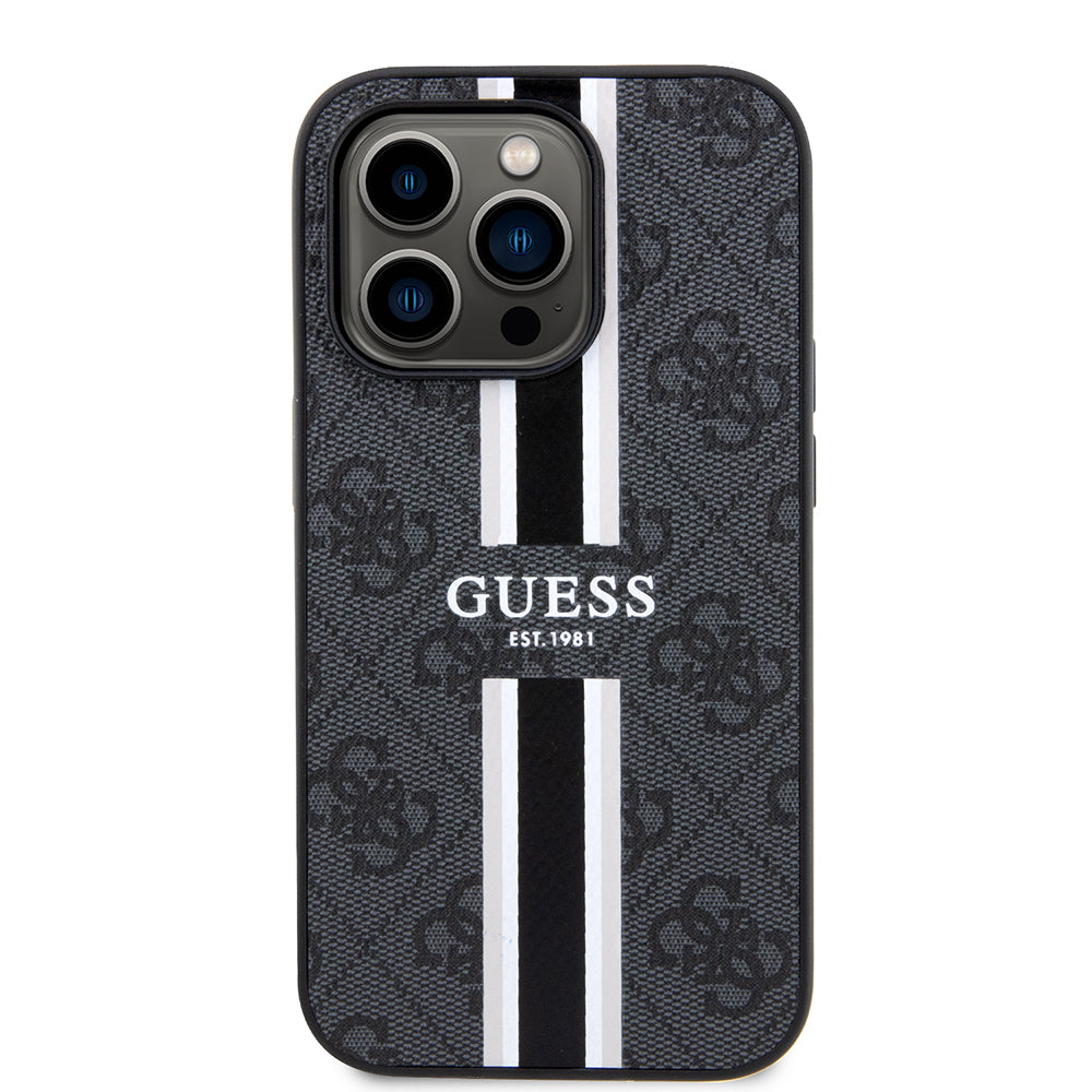 Funda MagSafe para Apple iPhone 15 Pro, Guess, 4G Printed Stripes, Negra