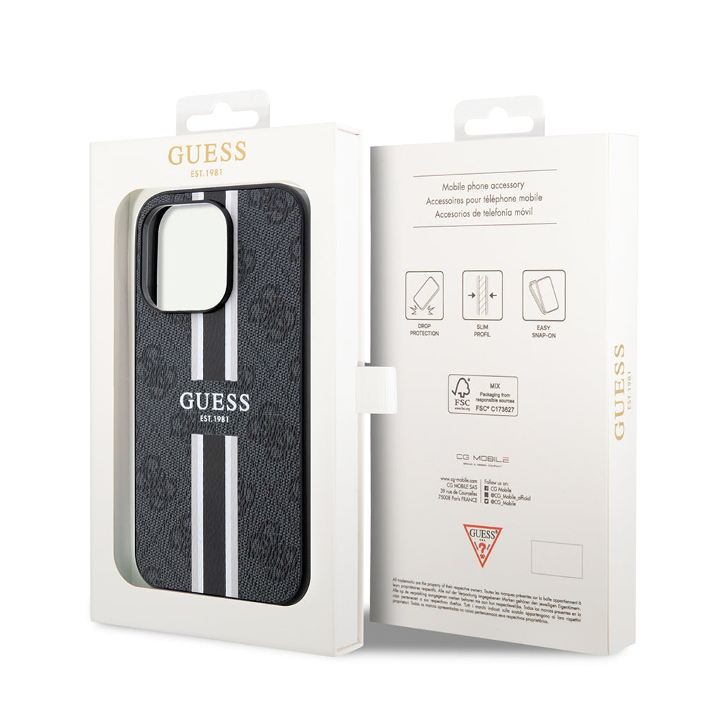 Funda MagSafe para Apple iPhone 15 Pro, Guess, 4G Printed Stripes, Negra