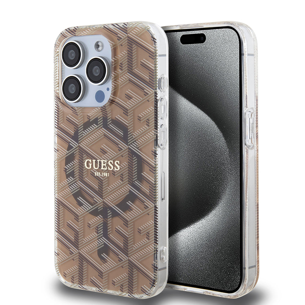 Funda MagSafe para Apple iPhone 15 Pro, Guess, IML Gcube, Marrón