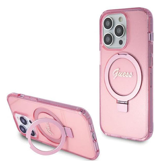 Funda MagSafe para Apple iPhone 15 Pro, Guess, IML Ring Stand Glitter, Rosa