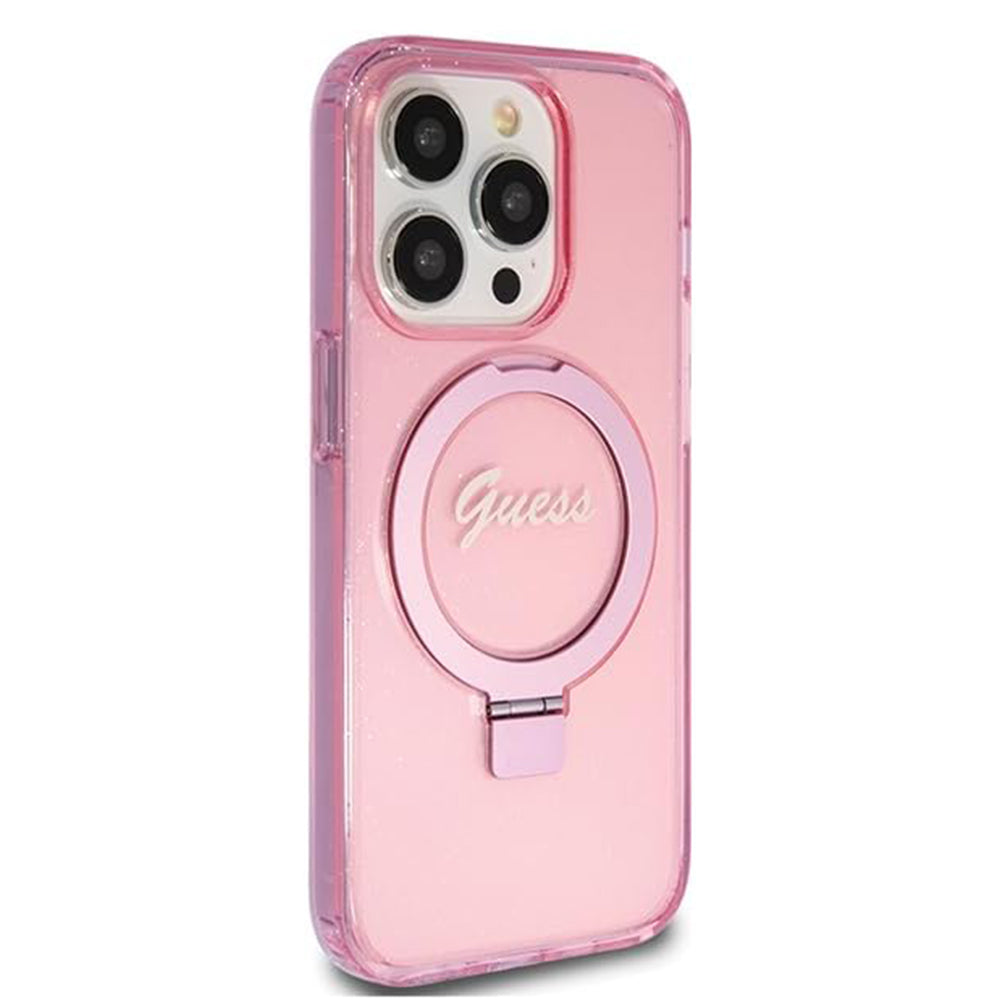 Funda MagSafe para Apple iPhone 15 Pro, Guess, IML Ring Stand Glitter, Rosa