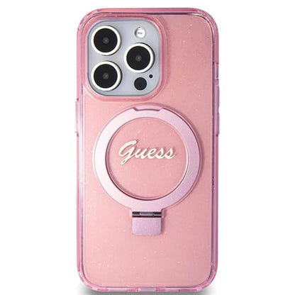 Funda MagSafe para Apple iPhone 15 Pro, Guess, IML Ring Stand Glitter, Rosa