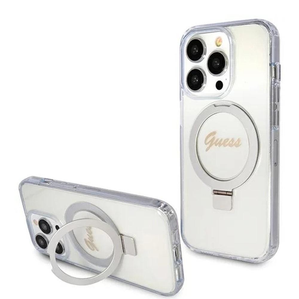 Funda MagSafe para Apple iPhone 15 Pro, Guess, IML Ring Stand Glitter, Transparente
