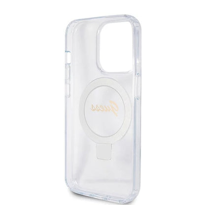 Funda MagSafe para Apple iPhone 15 Pro, Guess, IML Ring Stand Glitter, Transparente