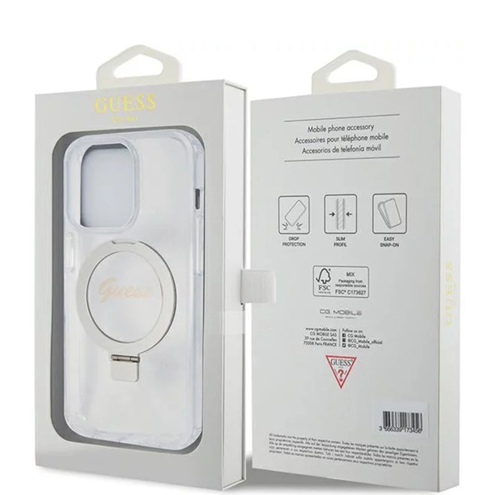 Funda MagSafe para Apple iPhone 15 Pro, Guess, IML Ring Stand Glitter, Transparente