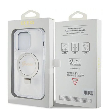 Funda MagSafe para Apple iPhone 15 Pro, Guess, IML Ring Stand Glitter, Transparente