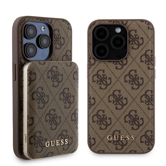 Funda MagSafe para Apple iPhone 15 Pro, Guess, Powerbank 4G Metal Logo, Marrón