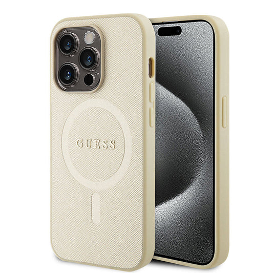 Funda MagSafe para Apple iPhone 15 Pro, Guess, Saffiano, Beige