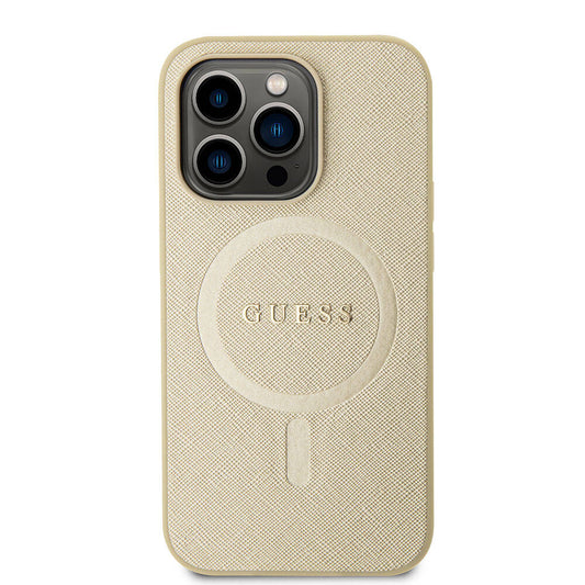 Funda MagSafe para Apple iPhone 15 Pro, Guess, Saffiano, Beige