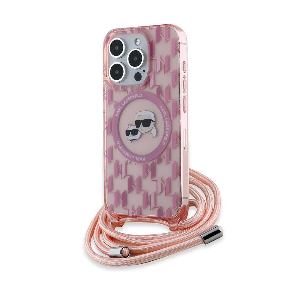 Funda MagSafe para Apple iPhone 15 Pro, Karl Lagerfeld, IML Crossbody Monogram Karl & Choupette's Heads, Rosa