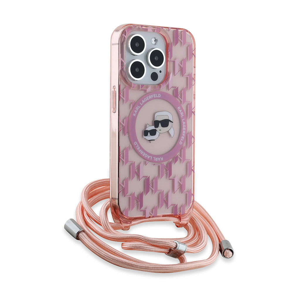 Funda MagSafe para Apple iPhone 15 Pro, Karl Lagerfeld, IML Crossbody Monogram Karl & Choupette's Heads, Rosa