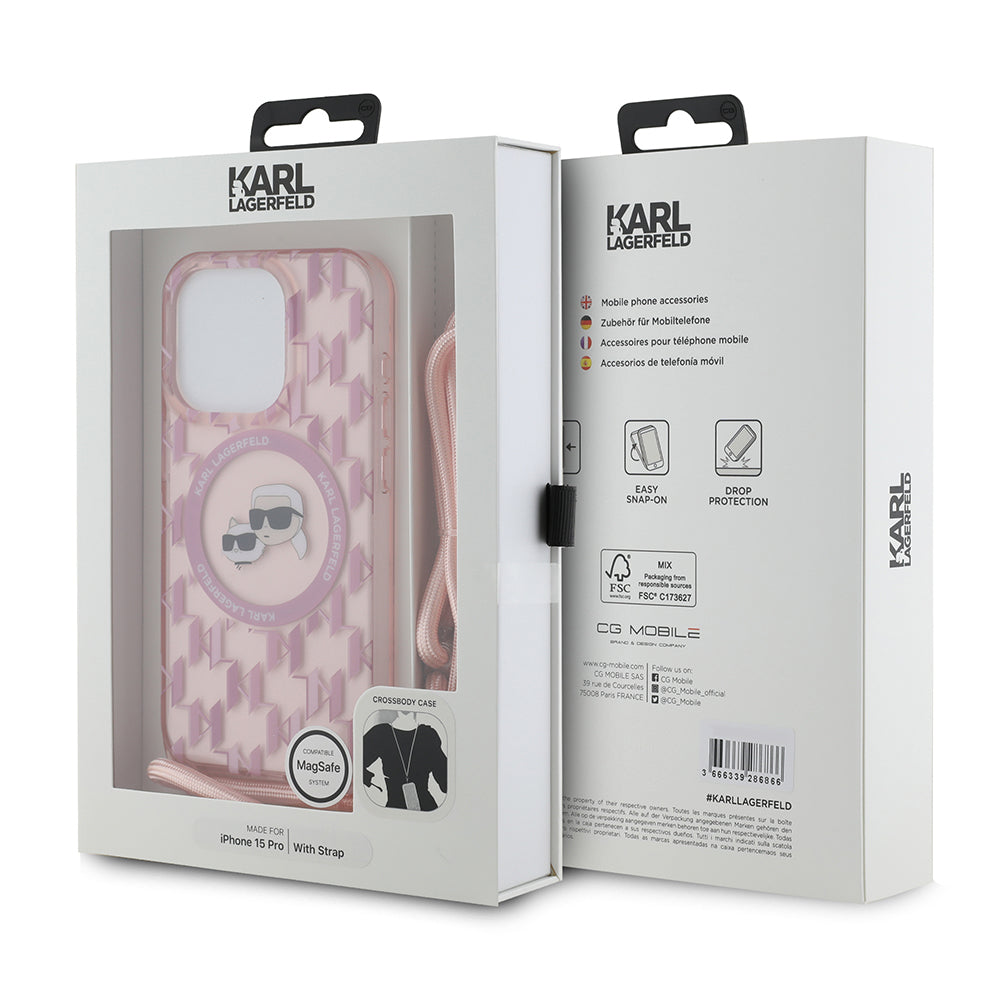 Funda MagSafe para Apple iPhone 15 Pro, Karl Lagerfeld, IML Crossbody Monogram Karl & Choupette's Heads, Rosa