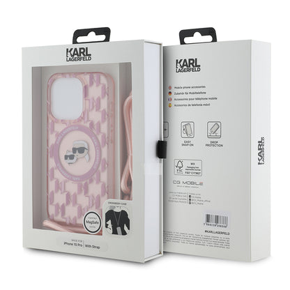 Funda MagSafe para Apple iPhone 15 Pro, Karl Lagerfeld, IML Crossbody Monogram Karl & Choupette's Heads, Rosa