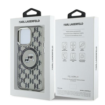 Funda MagSafe para Apple iPhone 15 Pro, Karl Lagerfeld, IML Monogram Karl & Choupette's Heads, Negra.