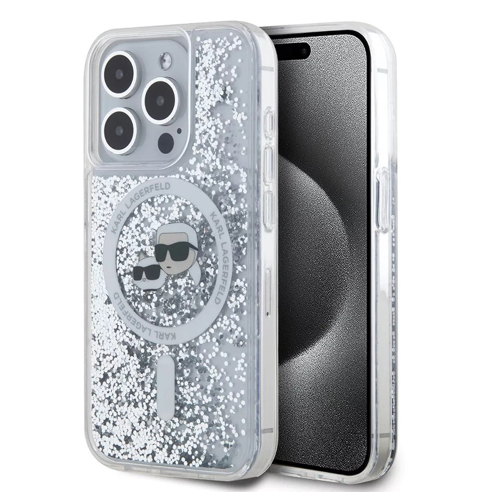 Funda MagSafe para Apple iPhone 15 Pro, Karl Lagerfeld, Liquid Glitter Karl & Choupette's Heads, Transparente