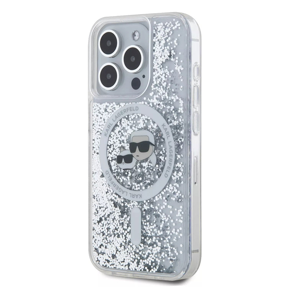 Funda MagSafe para Apple iPhone 15 Pro, Karl Lagerfeld, Liquid Glitter Karl & Choupette's Heads, Transparente