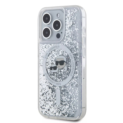 Funda MagSafe para Apple iPhone 15 Pro, Karl Lagerfeld, Liquid Glitter Karl & Choupette's Heads, Transparente